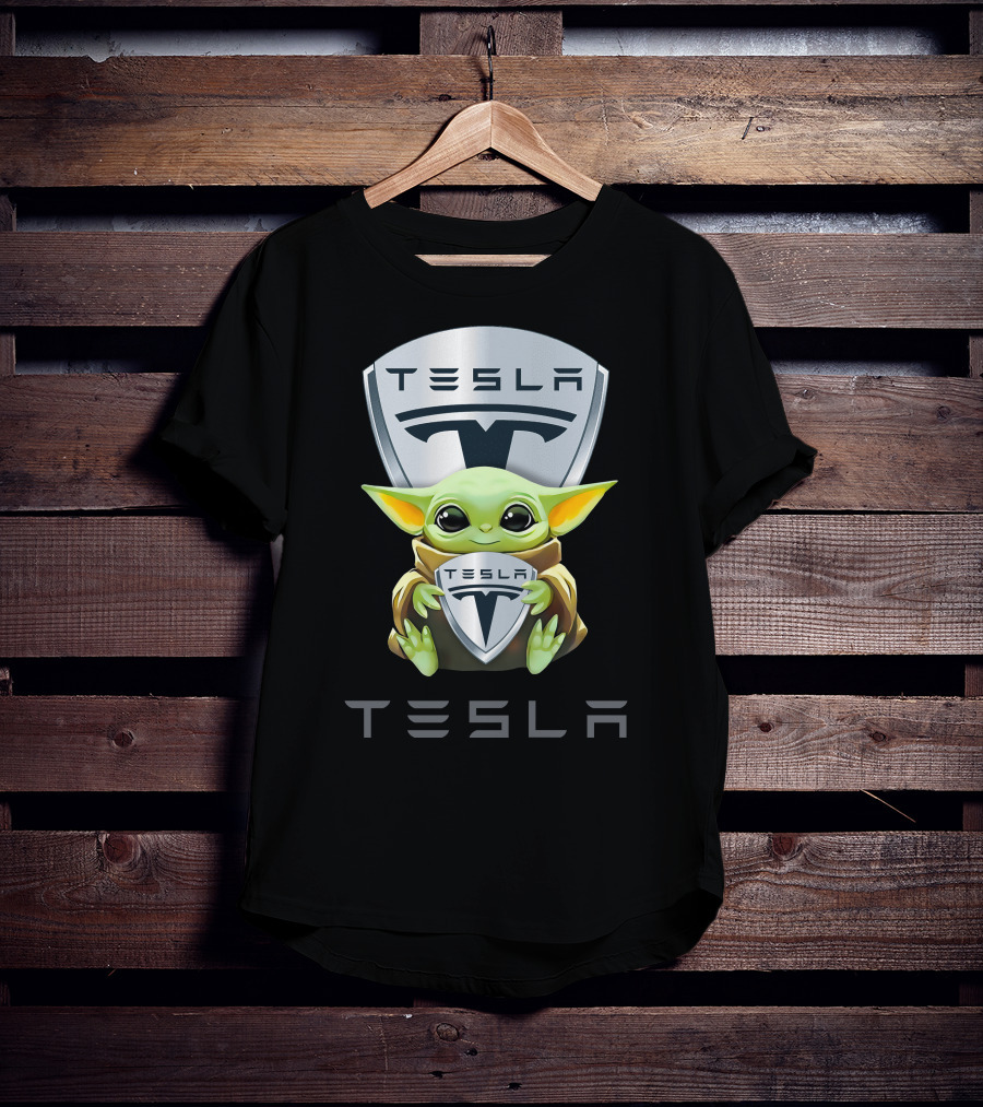 Grogu Holding Tesla Logo Shield Emblem T-Shirt