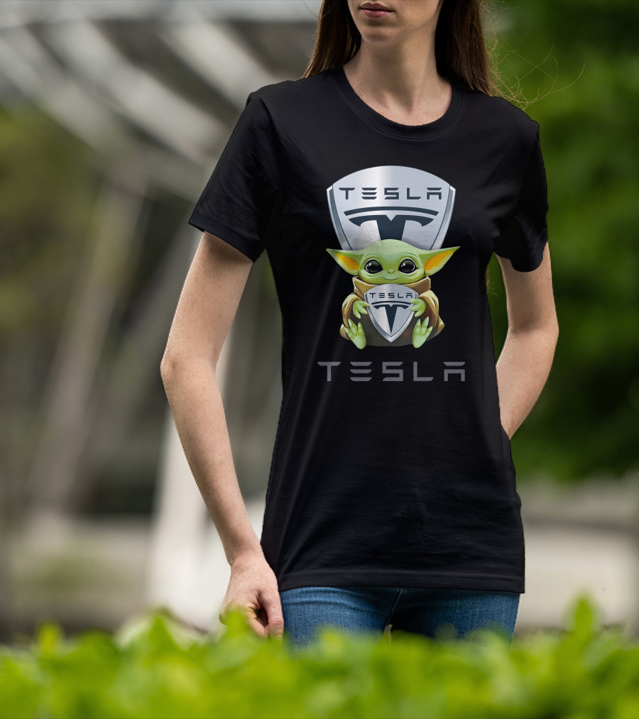 Grogu Holding Tesla Logo Shield Emblem T-Shirt