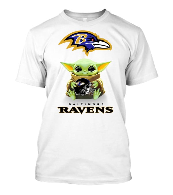 Baltimore Ravens Baby Yoda Hugging Football Helmet Logo Ravens T-Shirt
