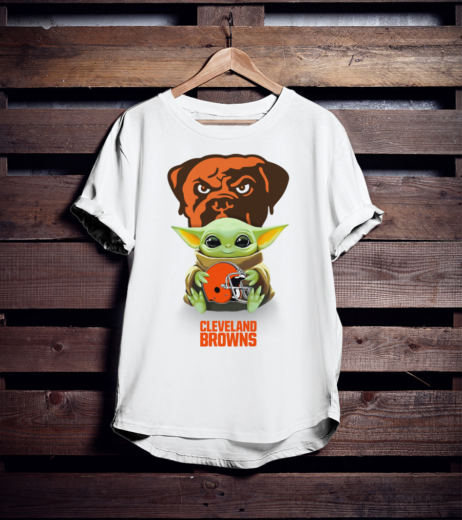 Grogu Holding Cleveland Browns Helmet With Brown Dog T-Shirt