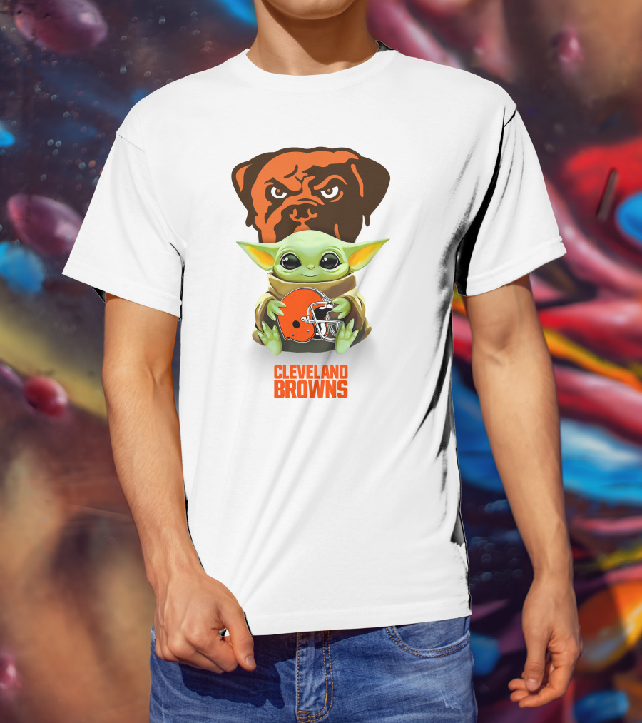 Grogu Holding Cleveland Browns Helmet With Brown Dog T-Shirt