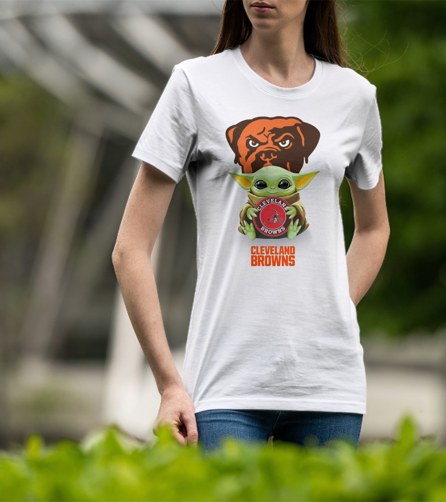 Cleveland Browns Grogu Hugging Cleveland Browns Logo Star Wars Crossover T-Shirt