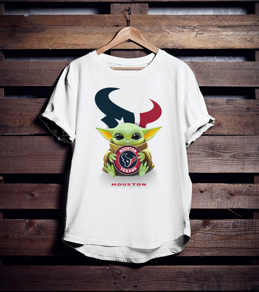 Grogu Holding Houston Texans Emblem With Oversized Logo Background T-Shirt