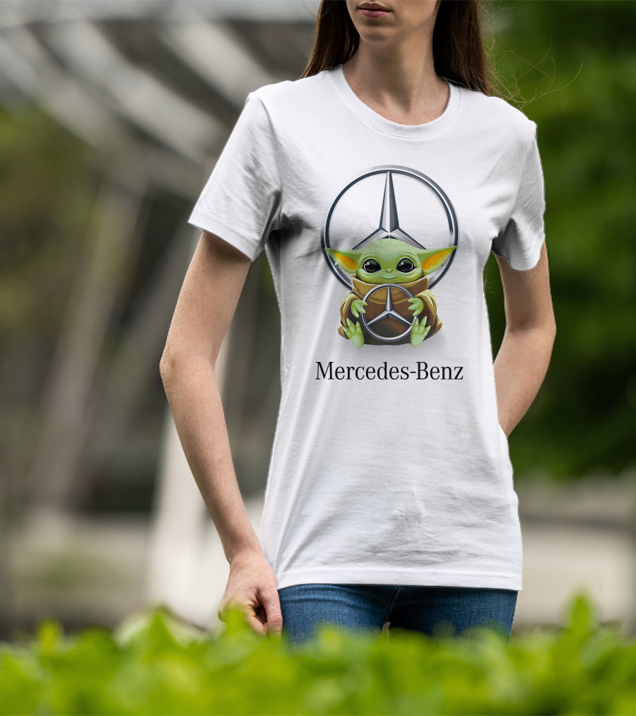 Grogu Holding Mercedes-Benz Logo In Front Of T-Shirt