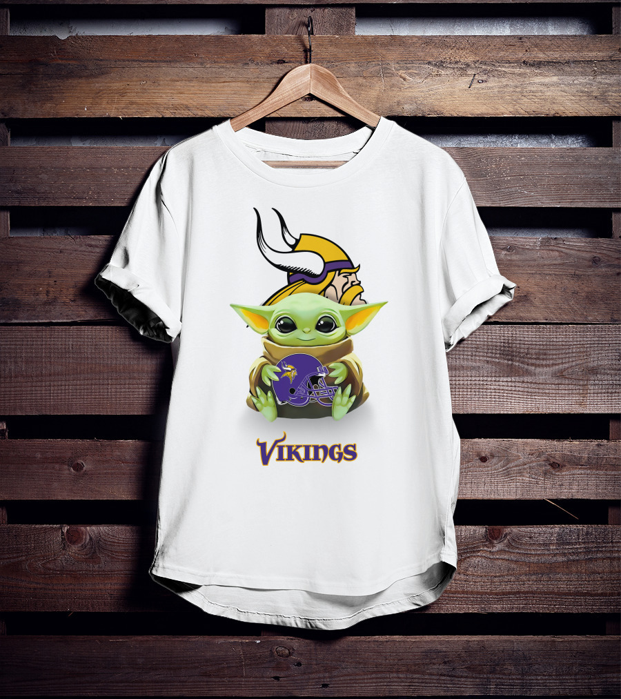 Grogu Holding Minnesota Vikings Helmet Iconic Logo Vikings T-Shirt