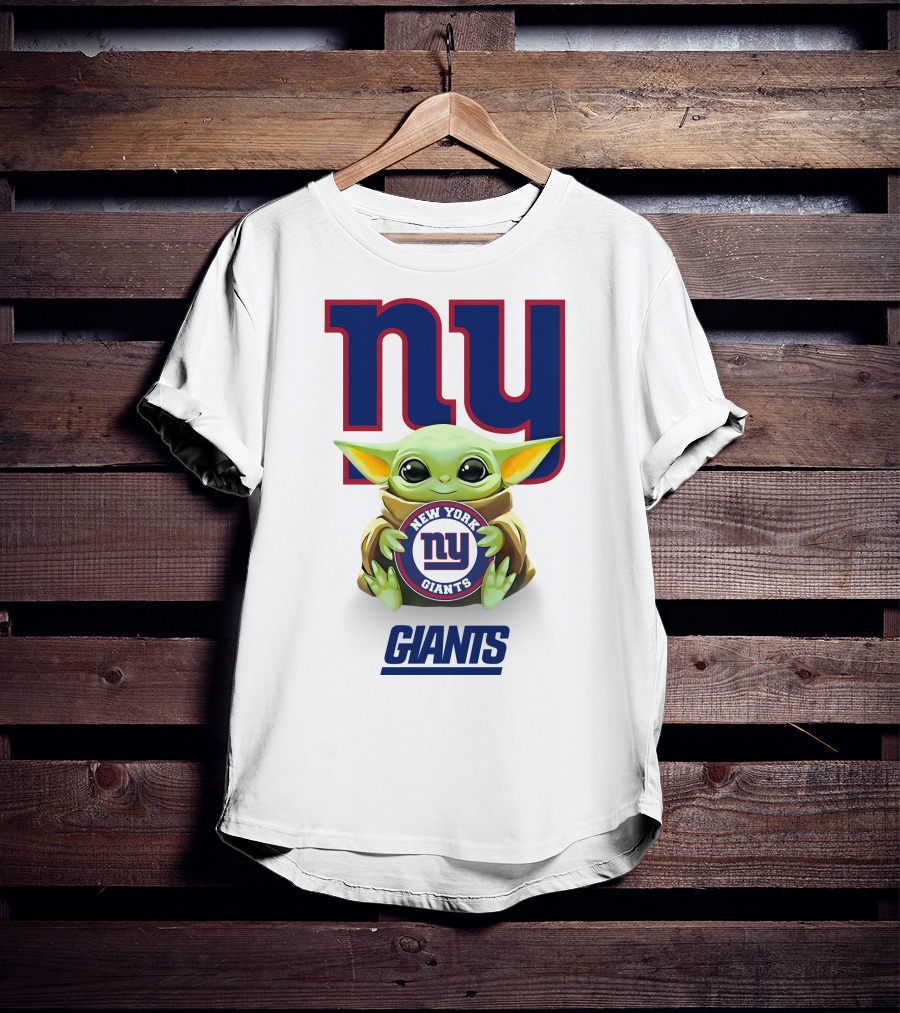 Grogu Holding New York Giants Logo With Giants Text In White T-Shirt