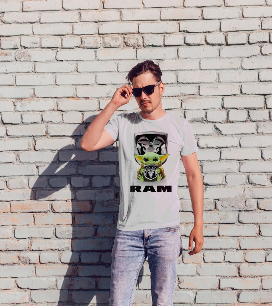 Grogu Hugging Ram Logo White T-Shirt