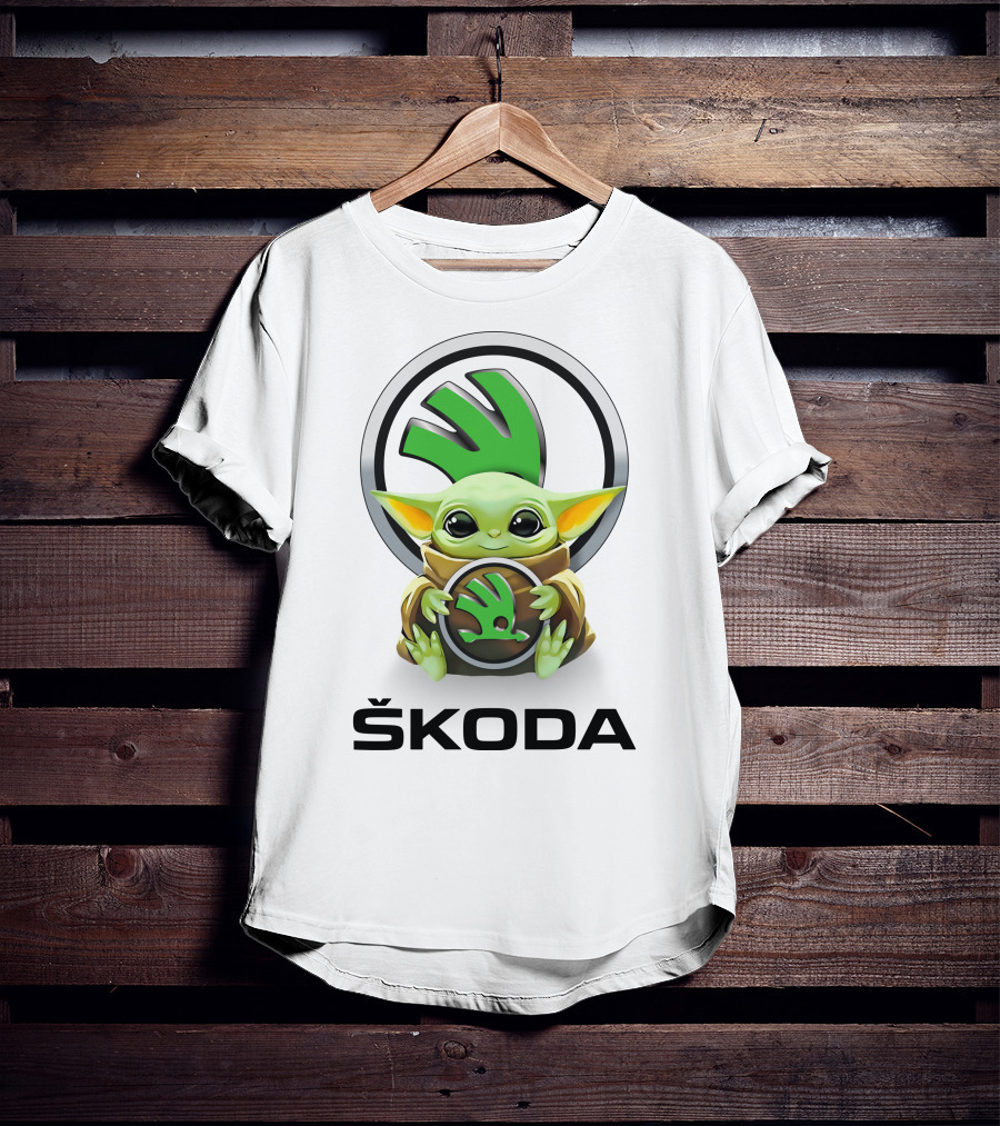 Grogu With Škoda Emblem Hugging Icon With White Background T-Shirt