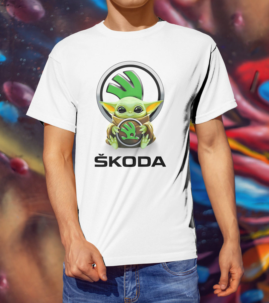 Grogu With Škoda Emblem Hugging Icon With White Background T-Shirt