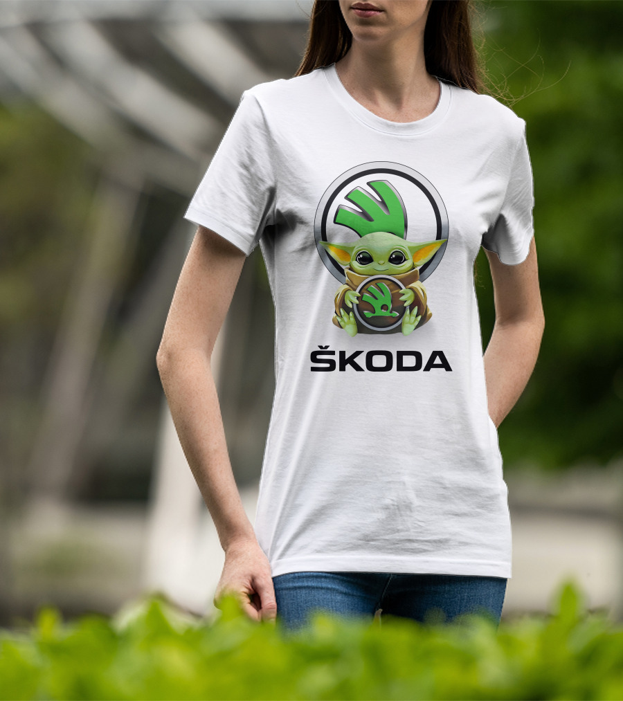 Grogu With Škoda Emblem Hugging Icon With White Background T-Shirt