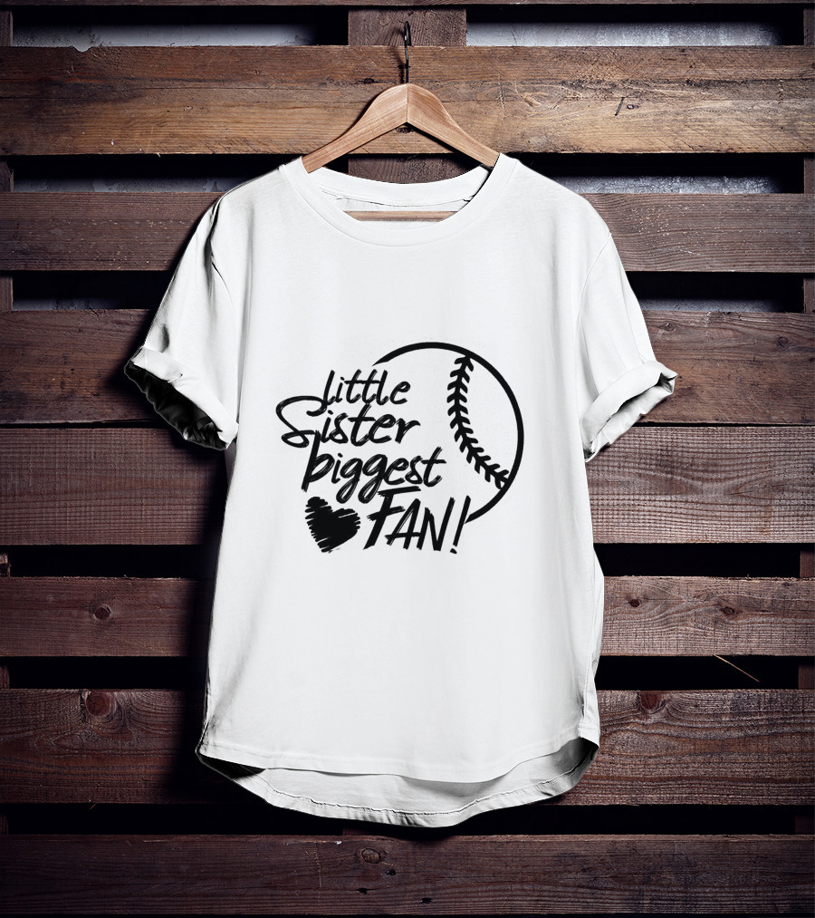 Little Sister Biggest Fan Baseball Heart T-Shirt