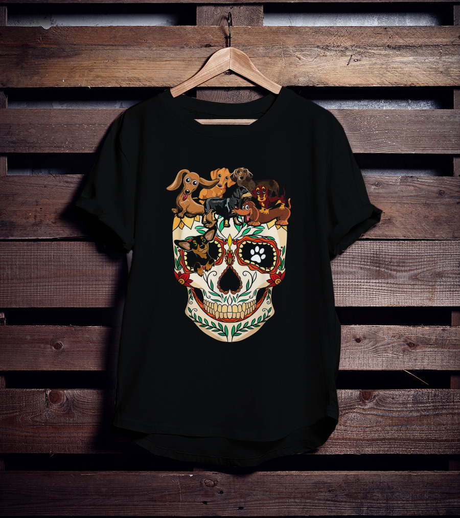 Dachshunds Sugar Skull Dog Mom Dad Funny Colorful Day Of The Dead T-Shirt