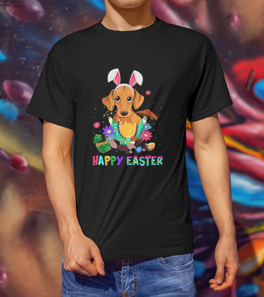 Happy Easter Bunny Ears Dachshund Dog With Colorful Eggs And Flowers T-Shirt