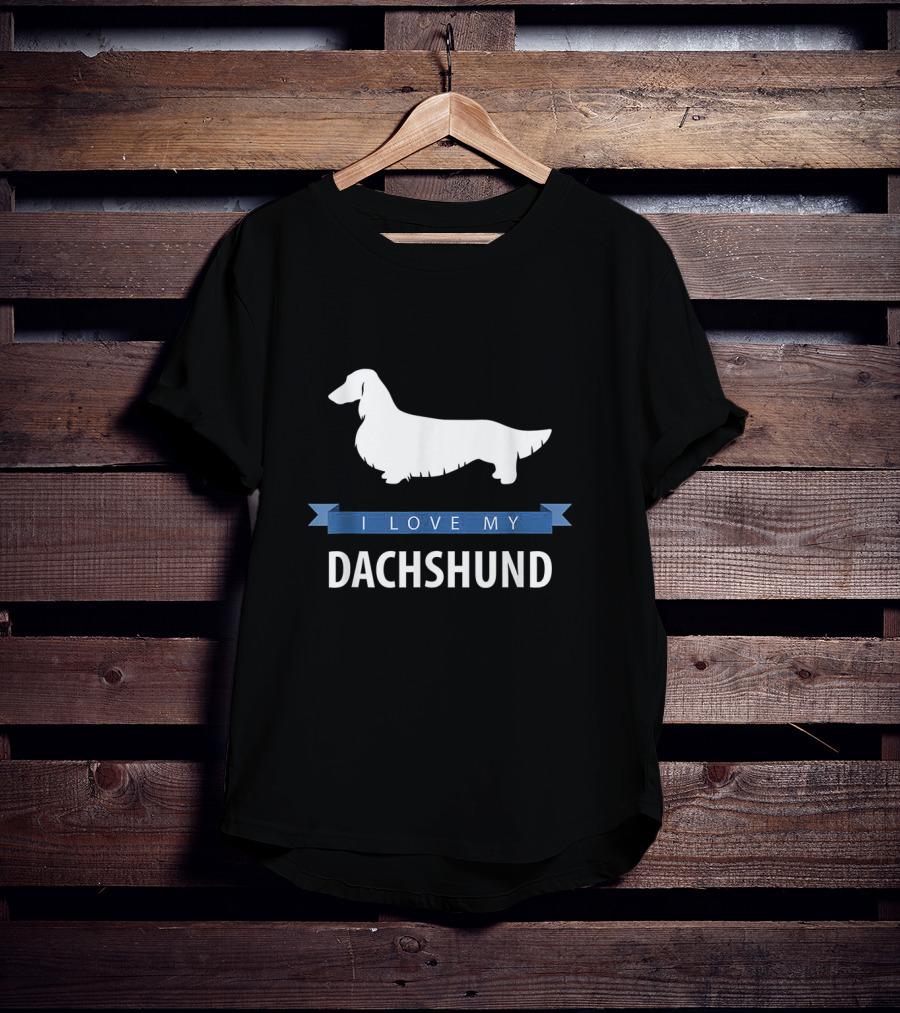 I Love My Longhaired Dachshund Silhouette With Blue Banner T-Shirt
