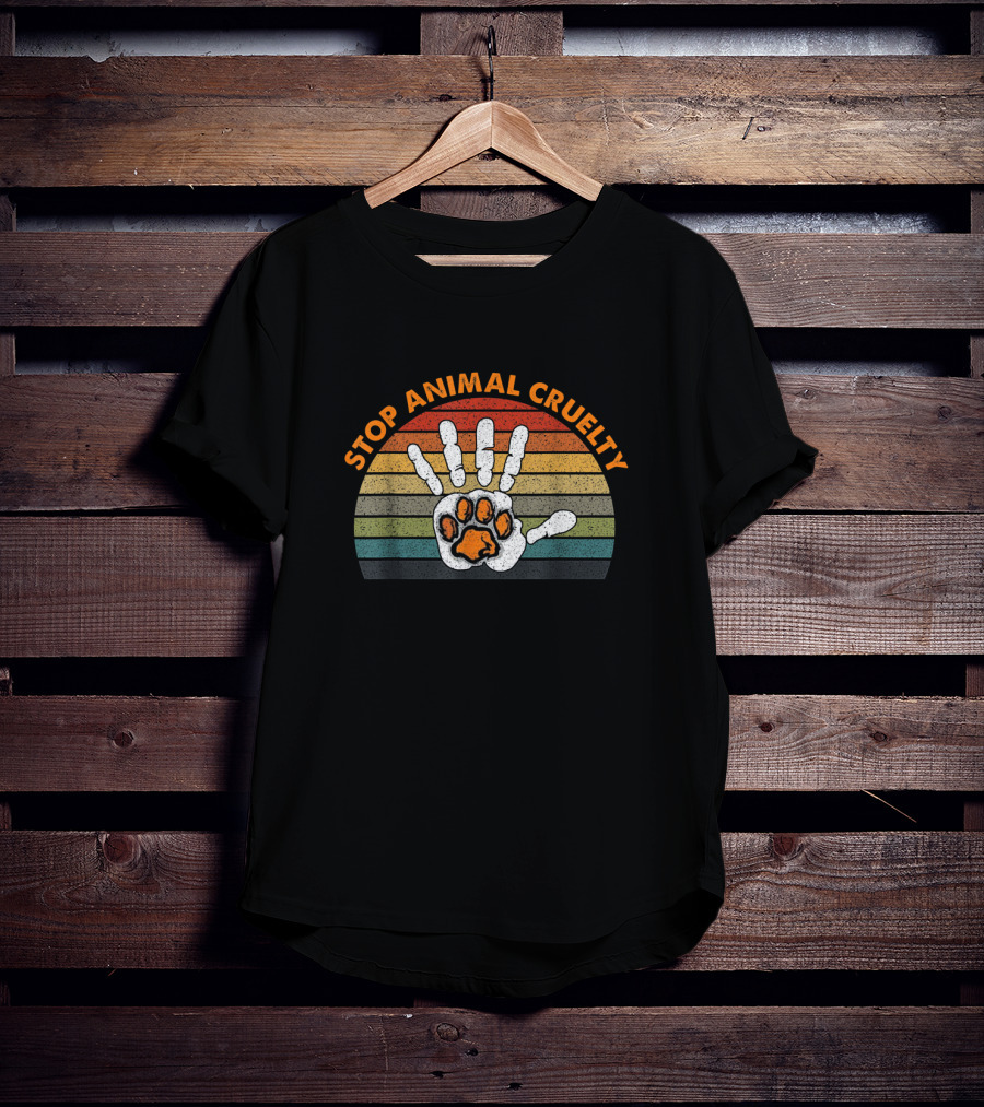Stop Animal Cruelty Vintage Rainbow Human Hand And Paw Print Vegan Activism T-Shirt