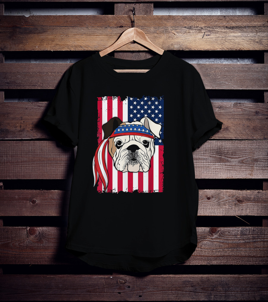 Patriotic Bulldog Wearing Bandana With American Flag Background T-Shirt