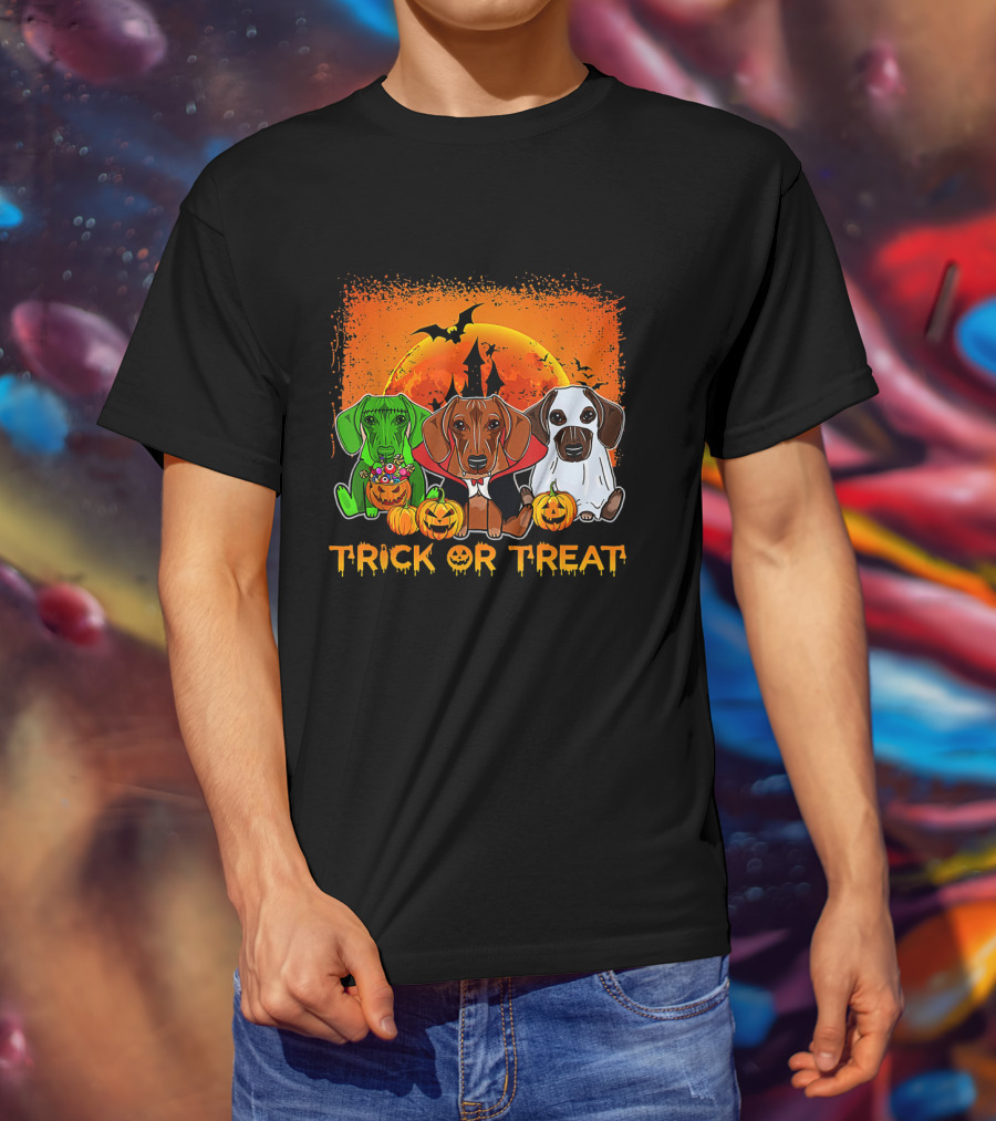 Trick Or Treat Halloween Dachshund Trio With Pumpkins And Spooky Orange Moon T-Shirt