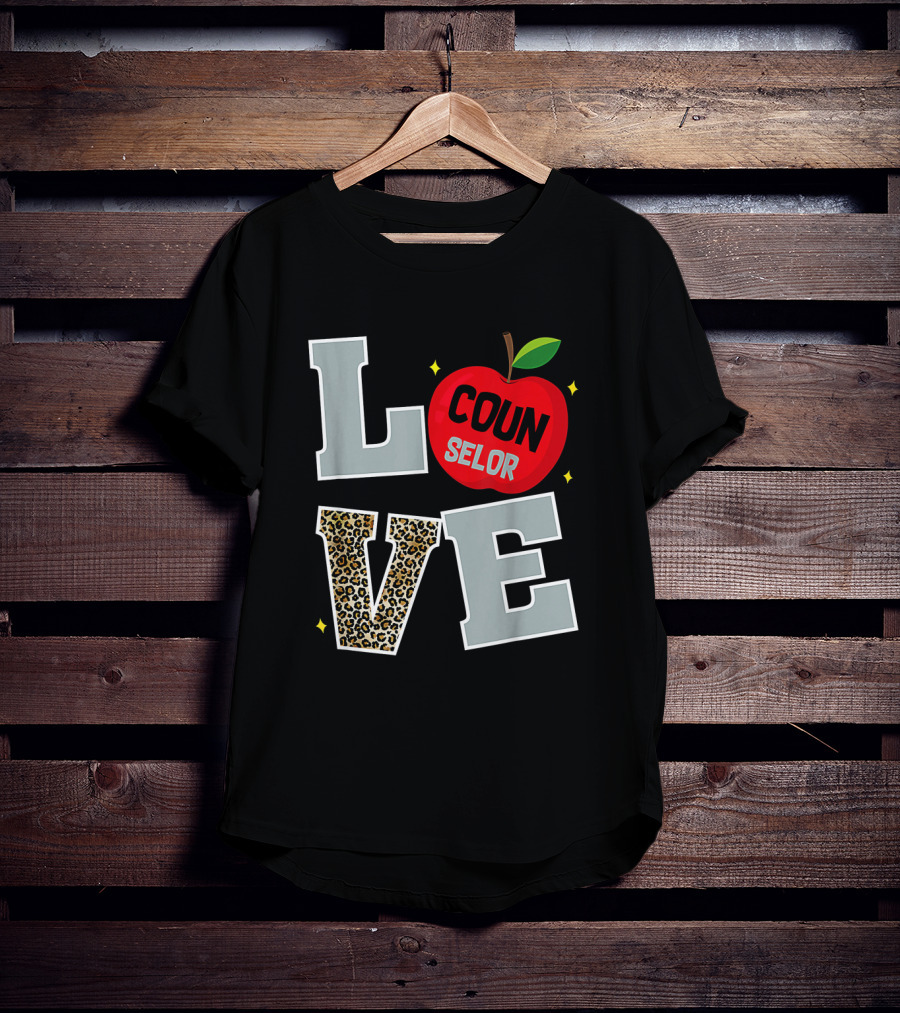 LOVE Counselor Apple Back To School Leopard Print Teacher T-Shirt