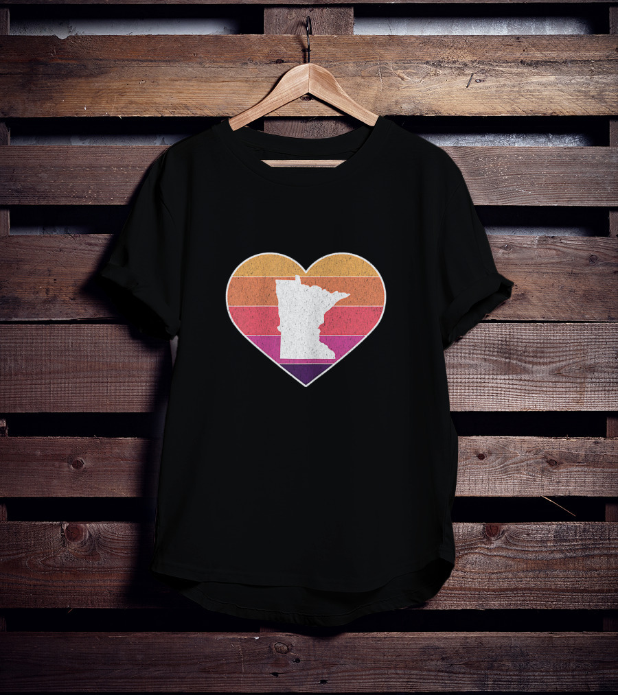 Minnesota Love Heart With State Silhouette On Vintage Stripes T-Shirt