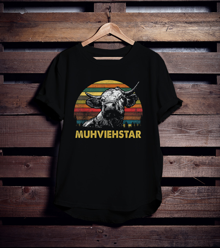 Muhviehstar Retro Vintage Cow Head Graphic With Sunset Stripes And Trees T-Shirt