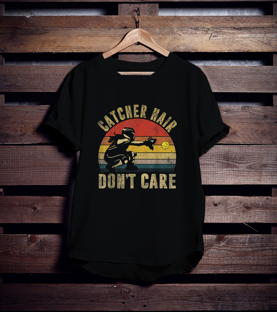 Catcher Hair Don't Care Retro Softball Catcher Girls T-Shirt