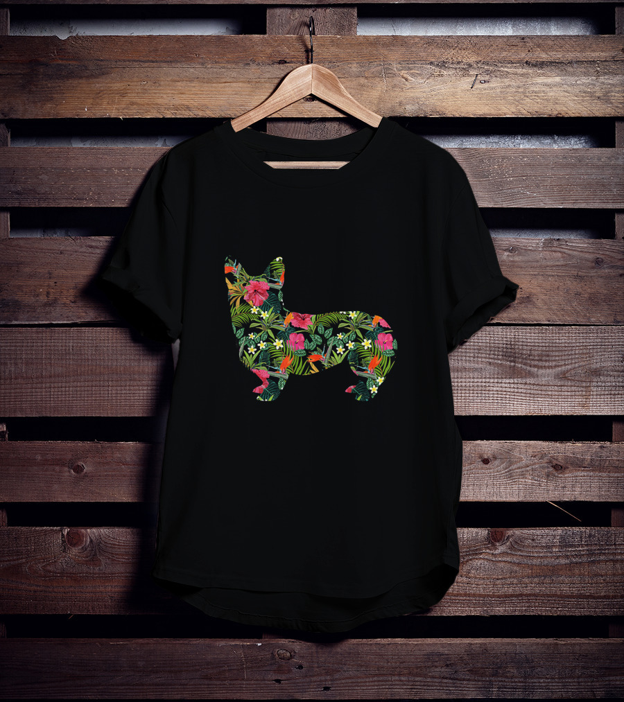 Corgi Floral Hawaiian Dog In Tropical Flowers And Leaves Print T-Shirt