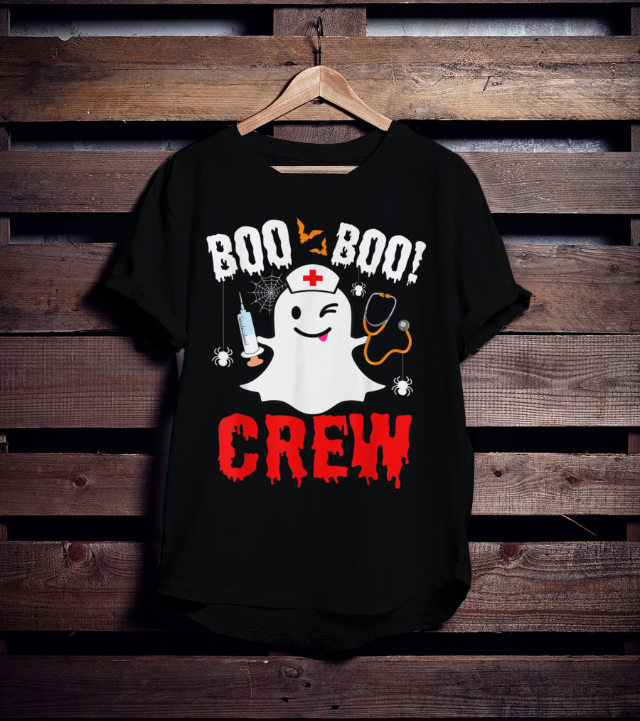 Boo Boo Crew Nurse Ghost Halloween Spiders Bats Stethoscope T-Shirt