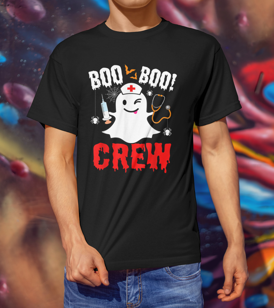 Boo Boo Crew Nurse Ghost Halloween Spiders Bats Stethoscope T-Shirt