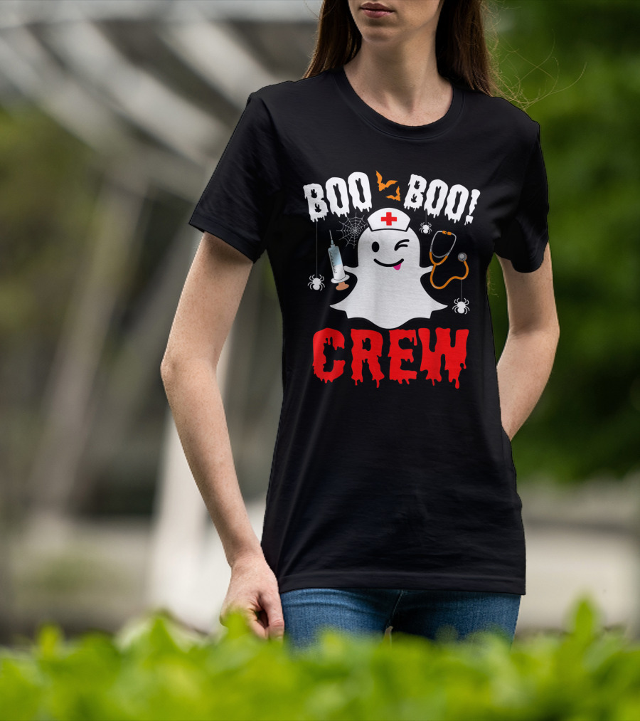 Boo Boo Crew Nurse Ghost Halloween Spiders Bats Stethoscope T-Shirt