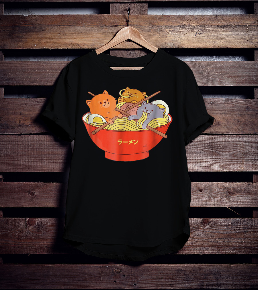 Kawaii Anime Cat Ramen Noodles In Red Bowl With Japanese Text T-Shirt