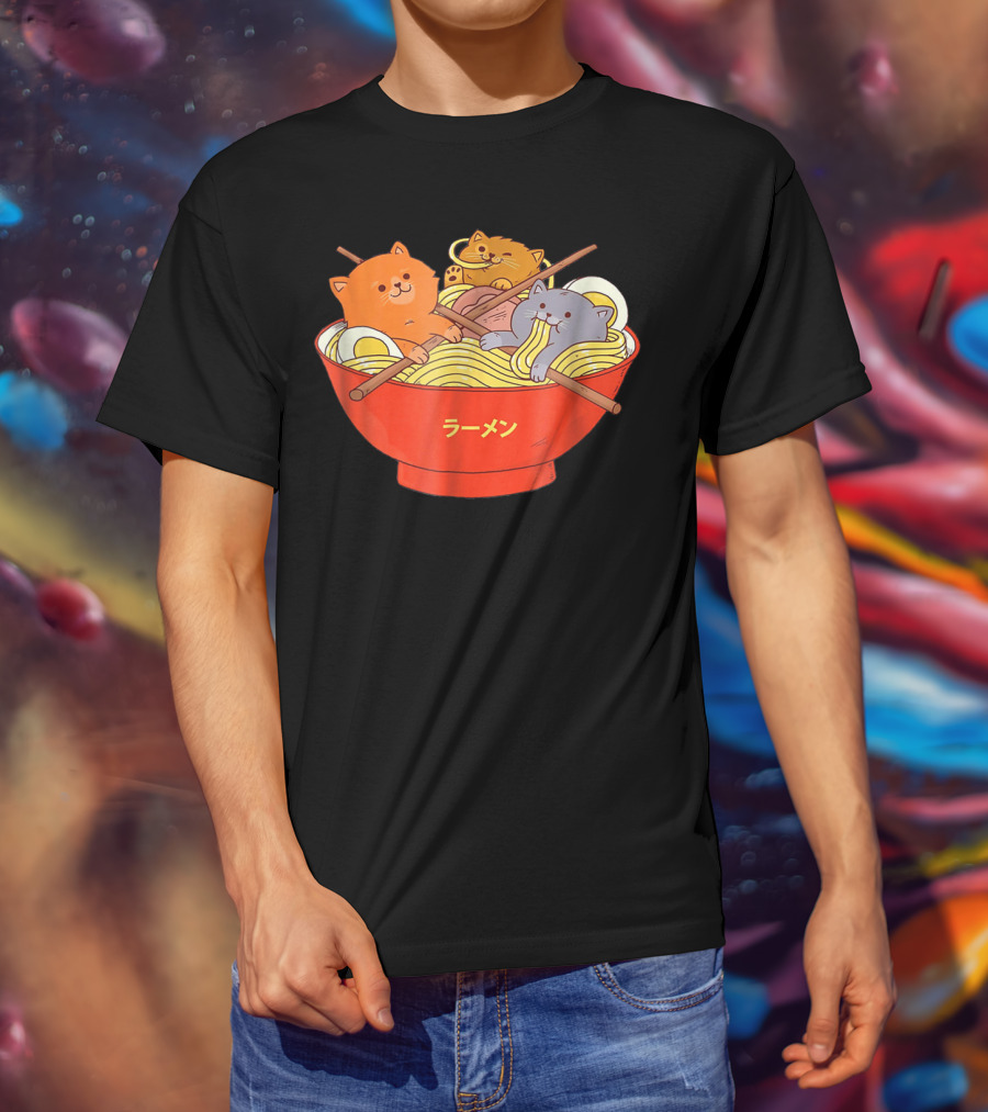 Kawaii Anime Cat Ramen Noodles In Red Bowl With Japanese Text T-Shirt