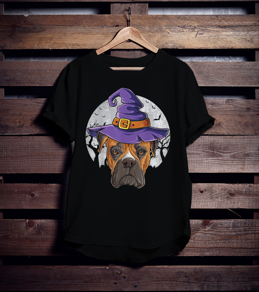 Boxer Dog In Purple Witch Hat With Moon And Bats Halloween T-Shirt