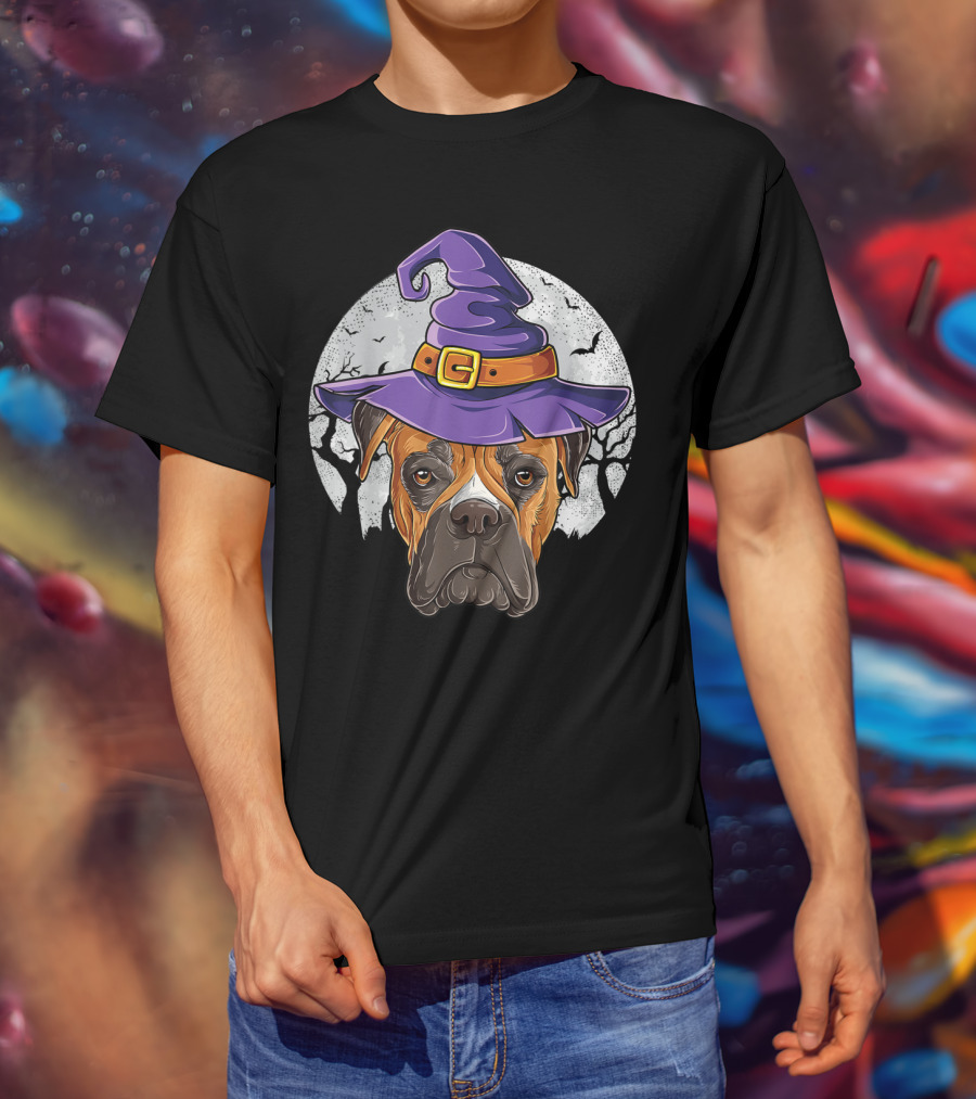 Boxer Dog In Purple Witch Hat With Moon And Bats Halloween T-Shirt