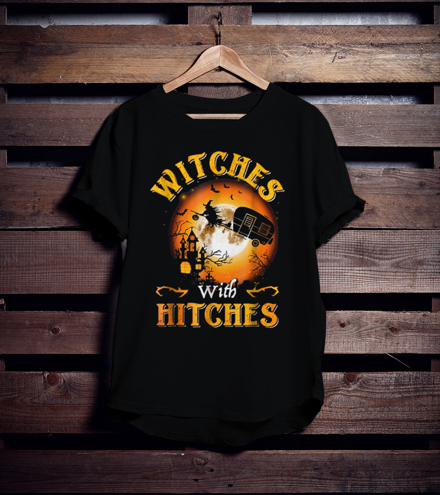 Witches With Hitches Flying Broomstick Full Moon Haunted House T-Shirt