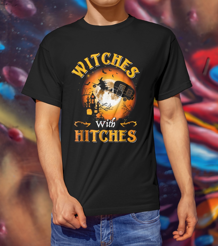 Witches With Hitches Flying Broomstick Full Moon Haunted House T-Shirt