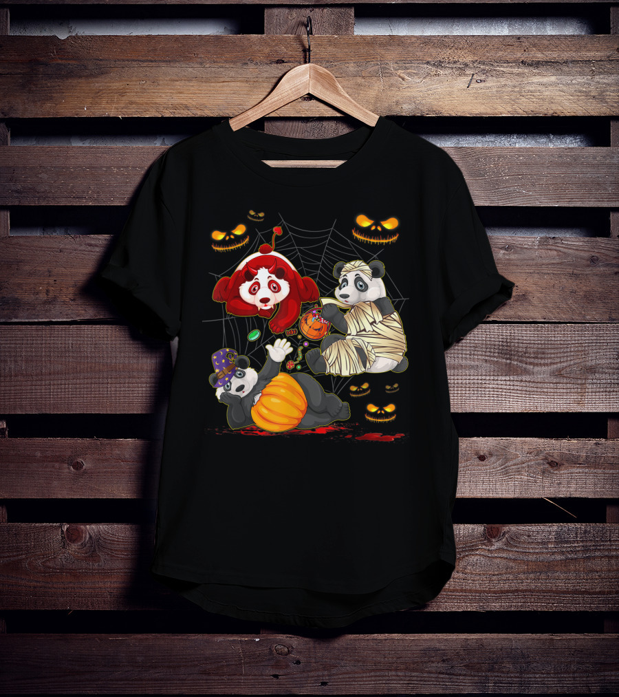 Halloween Panda Trio Mummy Clown Pumpkin Costume With Spider Web And Jack-o'-Lanterns T-Shirt