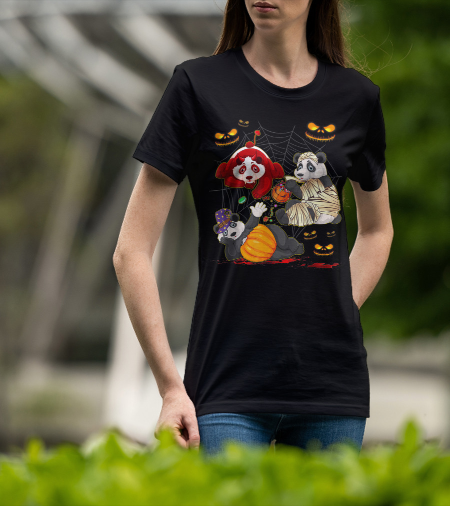 Halloween Panda Trio Mummy Clown Pumpkin Costume With Spider Web And Jack-o'-Lanterns T-Shirt