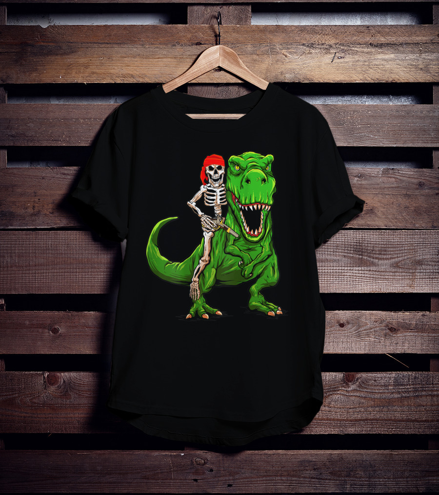 Pirate Skeleton Riding Rex Dinosaur With Red Bandana T-Shirt
