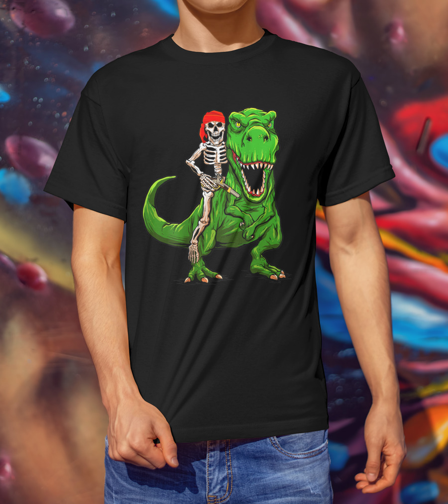Pirate Skeleton Riding Rex Dinosaur With Red Bandana T-Shirt