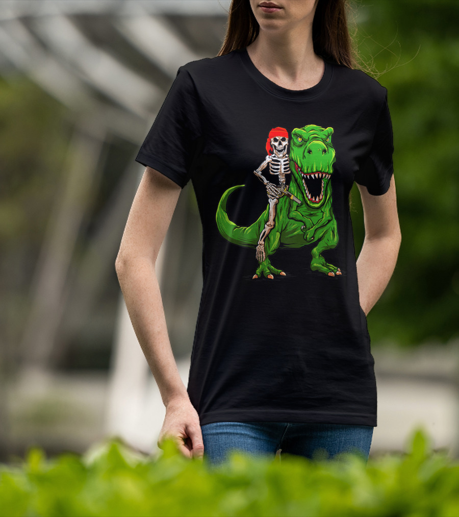 Pirate Skeleton Riding Rex Dinosaur With Red Bandana T-Shirt
