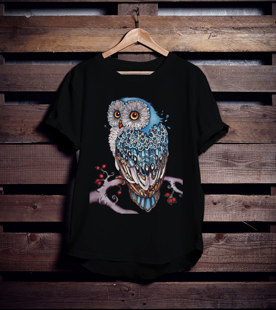 Luminous Blue Owl On Branch With Red Berries - Owl For You T-Shirt