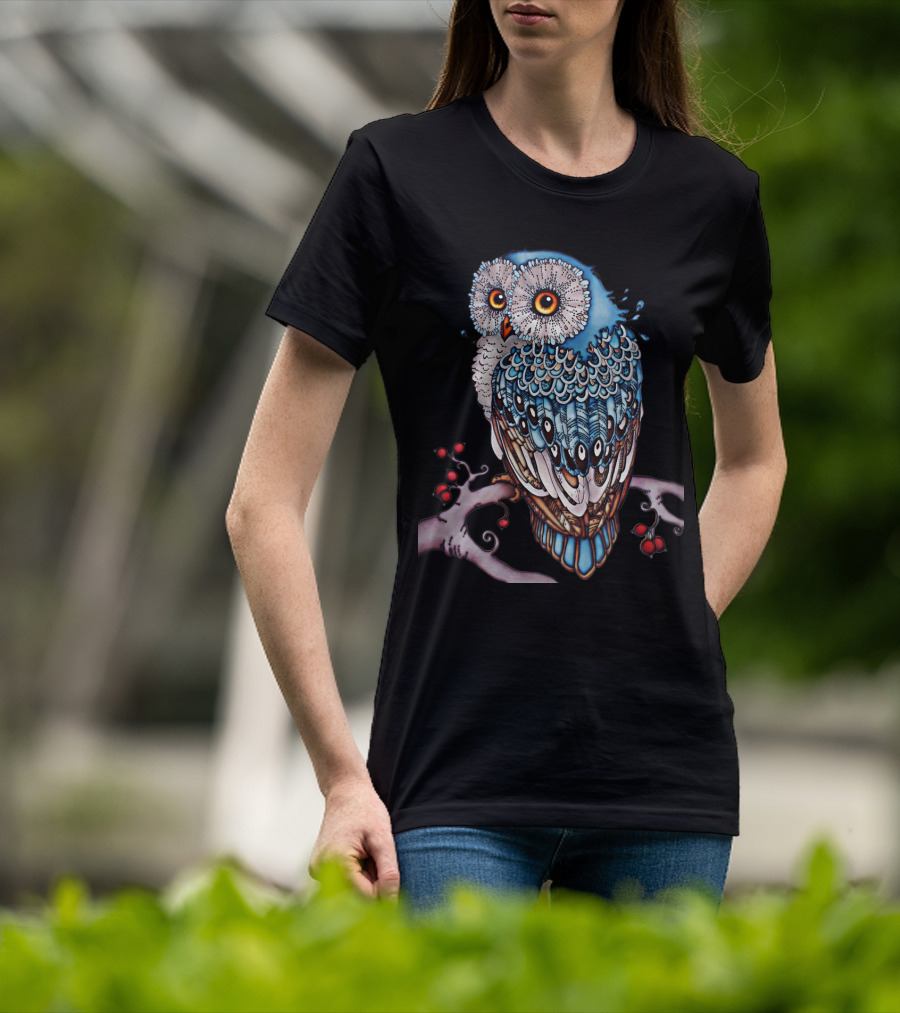 Luminous Blue Owl On Branch With Red Berries - Owl For You T-Shirt