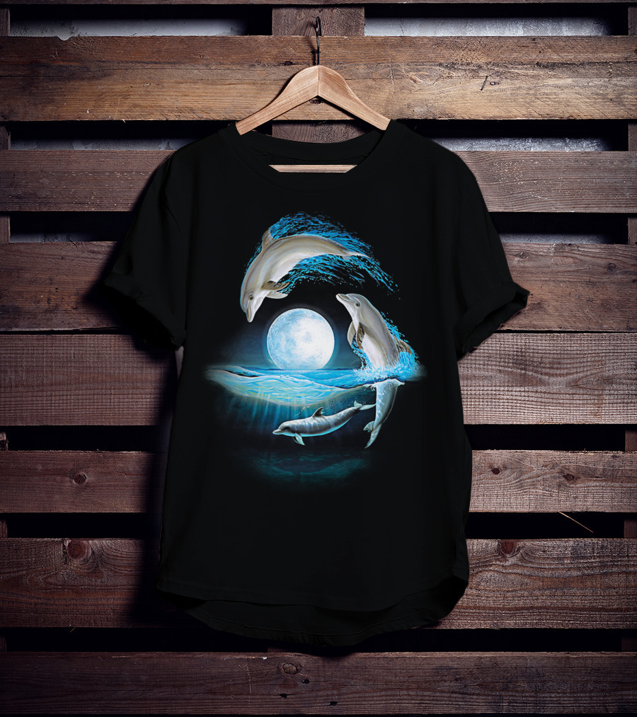 Full Moon Dolphin Leap Ocean Waves T-Shirt
