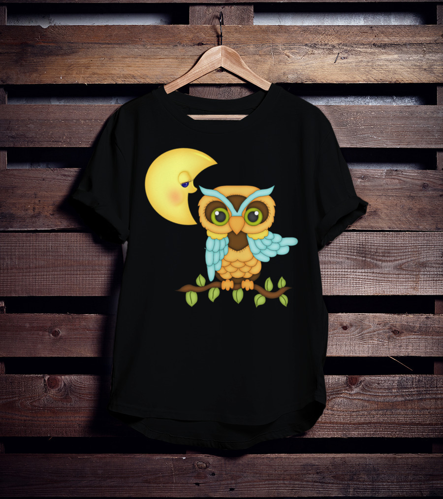 Owl Sitting On Branch With Smiling Crescent Moon T-Shirt