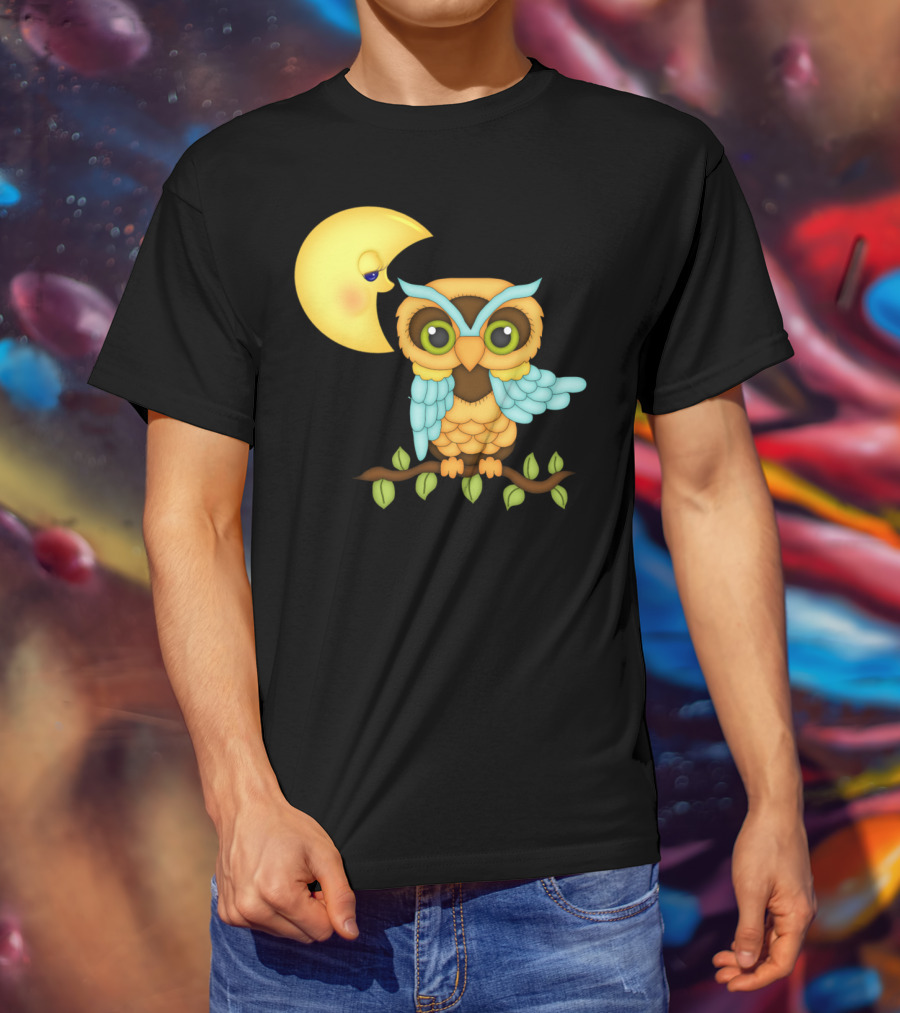 Owl Sitting On Branch With Smiling Crescent Moon T-Shirt