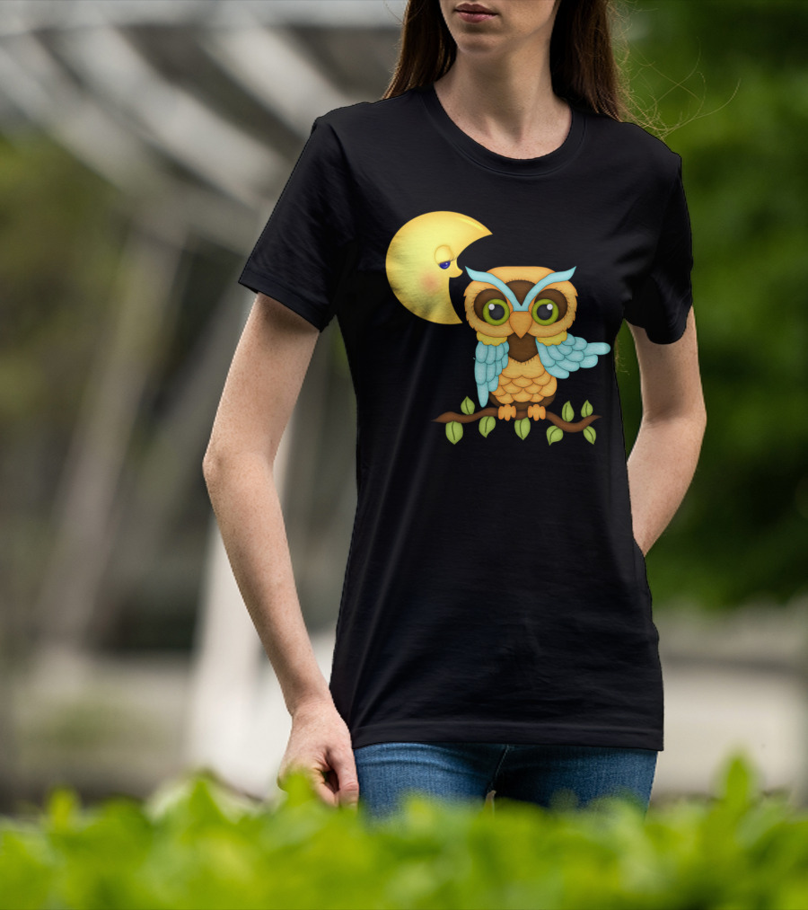 Owl Sitting On Branch With Smiling Crescent Moon T-Shirt