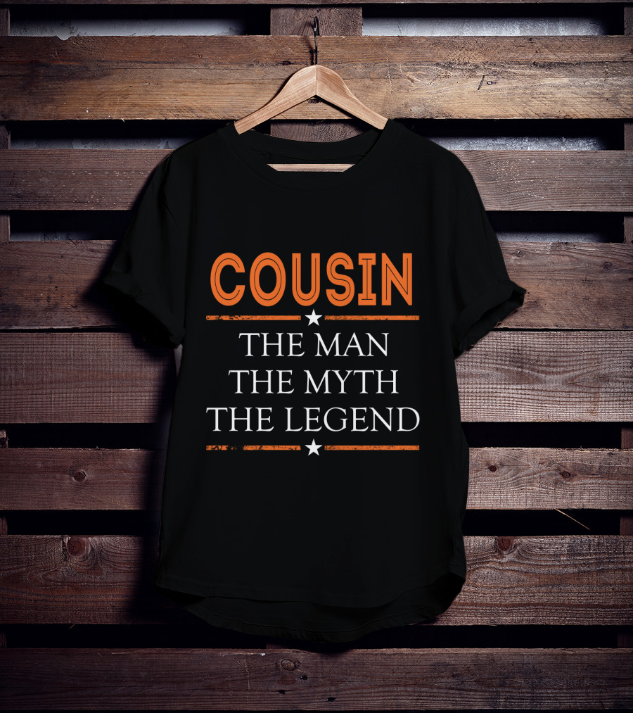 COUSIN THE MAN THE MYTH THE LEGEND Bold Orange White Star Accents T-Shirt