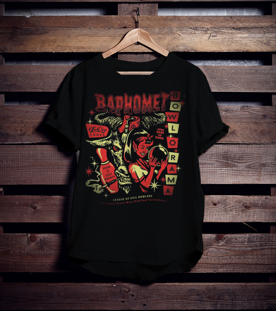 Baphomet Bowlorama LaVey Lanes Team Cult Nights Evil Bowlers All-Night Black Mass Tournament T-Shirt