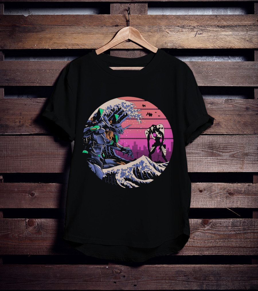 Neon Genesis Evangelion Retro Wave Style Giant Mecha Ocean Scene T-Shirt