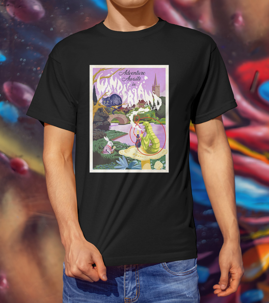 Adventure Awaits In Wonderland Cheshire Cat And Caterpillar Scene T-Shirt